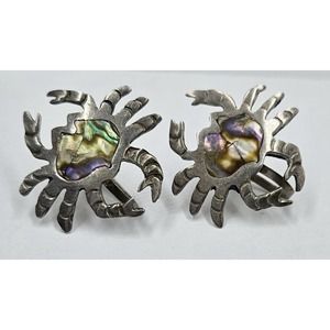 Vtg Mexico Taxco Sterling Abalone Shell CRAB Earrings Screw Back Signed 1950's